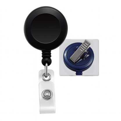 Black Badge Reel with Swivel Spring Clip (P/N 2120-760X) with a clear plastic strap and a swivel spring clip on the back for attaching to clothing.