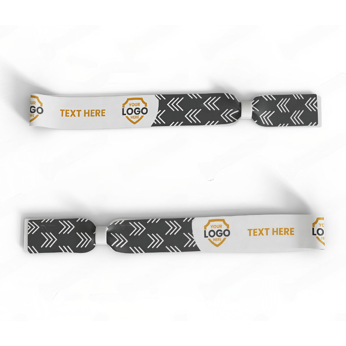 The Custom Printed Wristband features black and white dye-sublimated arrow patterns, customizable logo areas, and a "TEXT HERE" section for personalized messages—perfect as event wristbands or unique accessories.