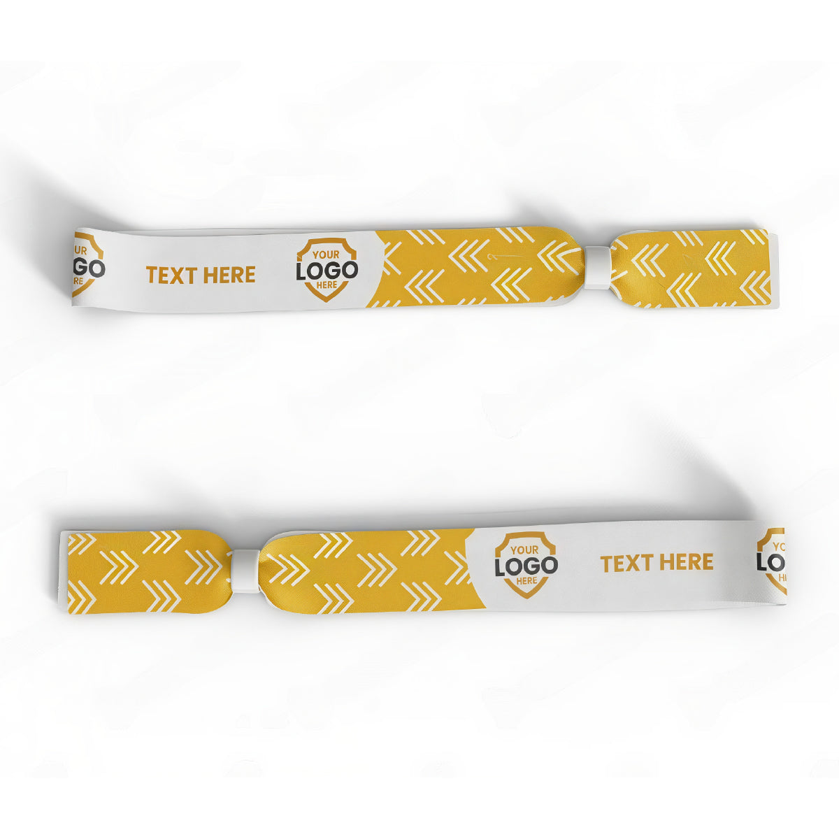 Two Custom Printed Wristbands in yellow and white with arrow patterns, a logo space, and "TEXT HERE" displayed on a white background—ideal as customizable fabric wristbands for events.