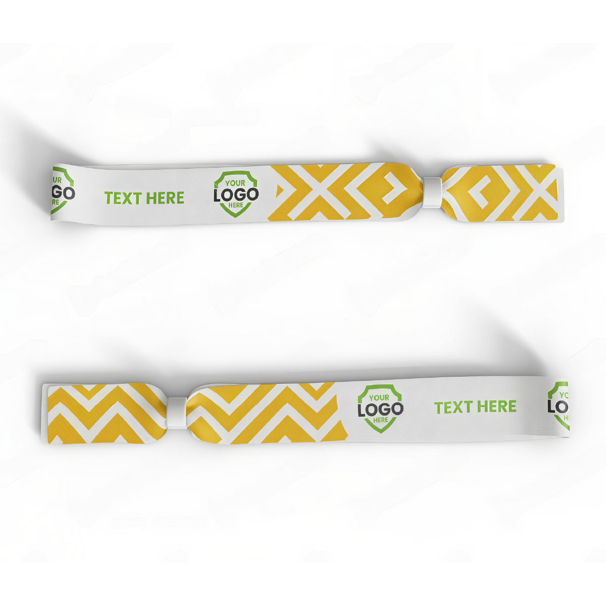 Custom Printed Wristband: Set of two white fabric wristbands with yellow geometric patterns, green hexagonal logo area, and customizable text space. Ideal as event wristbands with full-color dye-sublimation.