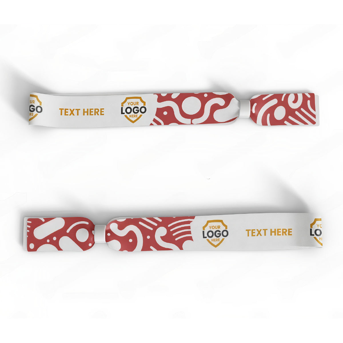 The Custom Printed Wristband features two white and red dye-sublimated fabric bands with abstract patterns, customizable logo areas, and "TEXT HERE" sections—ideal for events and personal branding.
