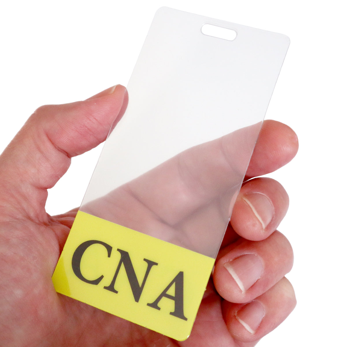 Clear Vertical CNA Badge Buddy with Yellow Border - Double Sided Print ID Badge Backer for Nursing Assistants