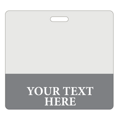 A rectangular badge with a slot for attachment, divided horizontally into two sections. The upper section is blank, while the lower section proudly displays "YOUR TEXT HERE" in white, centered. These Custom Printed Clear Badge Buddies Horizontal (Standard Size) - Customize with Title and Color are perfect for customization from Specialist ID.