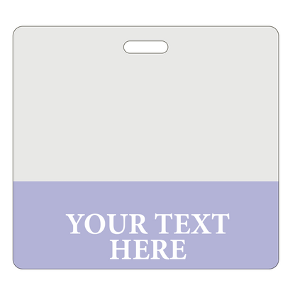A white and light purple Custom Printed Clear Badge Buddies Horizontal (Standard Size) - Customize with Title and Color name badge with space for custom text, featuring a horizontal slit at the top for attachment. The text area is in the light purple section. Perfect for creating custom badge buddies from Specialist ID.