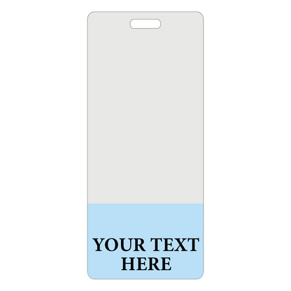 A Custom Printed Clear Badge Buddies Vertical (Standard Size) - Customize with Title and Color with a white background and a light blue section at the bottom where black text reads "YOUR TEXT HERE," providing instant role recognition.
