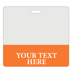 A square-shaped badge with a white top and an orange bottom. The text "YOUR TEXT HERE" is written in white on the orange section. There is a slot at the top for attaching a clip, perfect for customization as Custom Printed Clear Badge Buddies Horizontal (Standard Size) - Customize with Title and Color from Specialist ID.