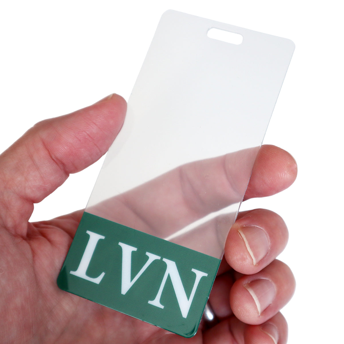 Clear Vertical LVN Badge Buddy with Green Border - Double Sided Print ID Badge Backer for Licensed Vocational Nurses