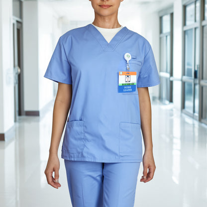 A person in light blue scrubs wears the Clear NURSE LEADER Badge Buddy—Horizontal Nurse ID Badge Backer, Double Sided Print—while standing in a bright hallway with glass doors and windows.