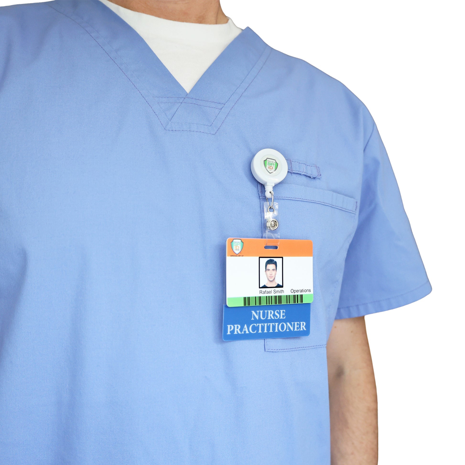 A person in light blue scrubs has a Clear NURSE PRACTITIONER Badge Buddy - Horizontal Nurse ID Badge Backer (double-sided print) clipped to their chest pocket, with the "Nurse Practitioner" text clearly visible; their face is partially out of frame.