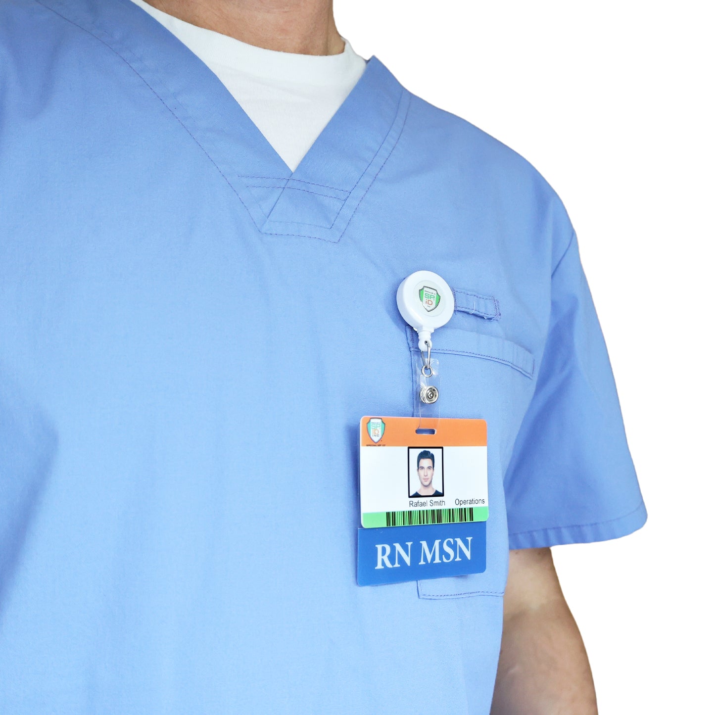 Person wears light blue medical scrubs with a Clear RN MSN Badge Buddy, a horizontal, double-sided nurse ID badge backer, attached to the chest pocket. Sold by Specialist ID.