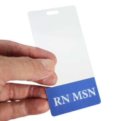 Clear RN MSN Badge Buddy Vertical with Blue Border for Nurses