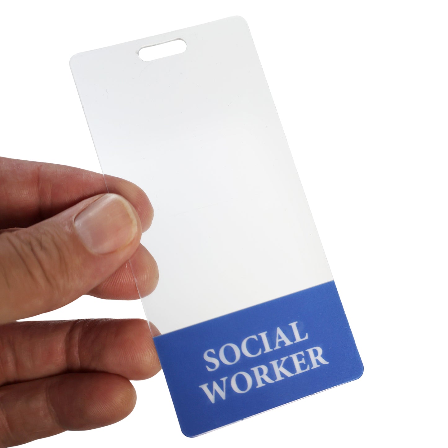 A hand holds the Clear SOCIAL WORKER Badge Buddy Vertical with Blue Border for Social Workers, offering easy identification with "SOCIAL WORKER" in white text on a blue section at the bottom.