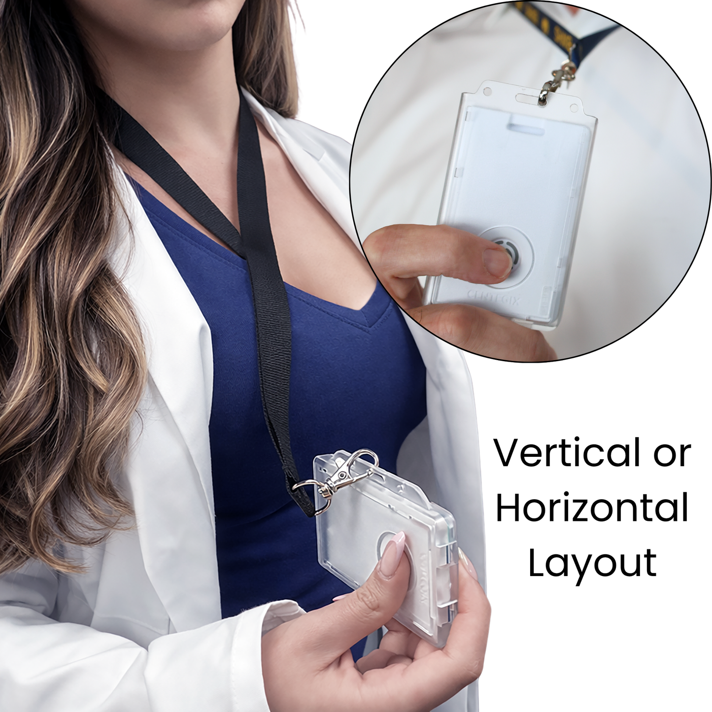 A person wears the Dual Badge Holder for Centegix CrisisAlert V2 Wearable Panic Button + CR80 ID Card; insert shows hand rotating holder for vertical or horizontal use. Text: "Vertical or Horizontal Layout.