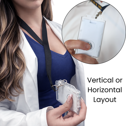 A person wears the Dual Badge Holder for Centegix CrisisAlert V2 Wearable Panic Button + CR80 ID Card; insert shows hand rotating holder for vertical or horizontal use. Text: "Vertical or Horizontal Layout.