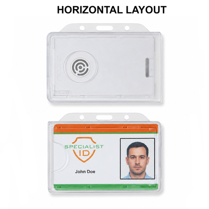 The Dual Badge Holder for Centegix CrisisAlert V2 Wearable Panic Button + CR80 ID Card (SPID-1730 / SPID-1780) securely displays an ID and is perfect for pairing with your CrisisAlert V2 wearable panic button.