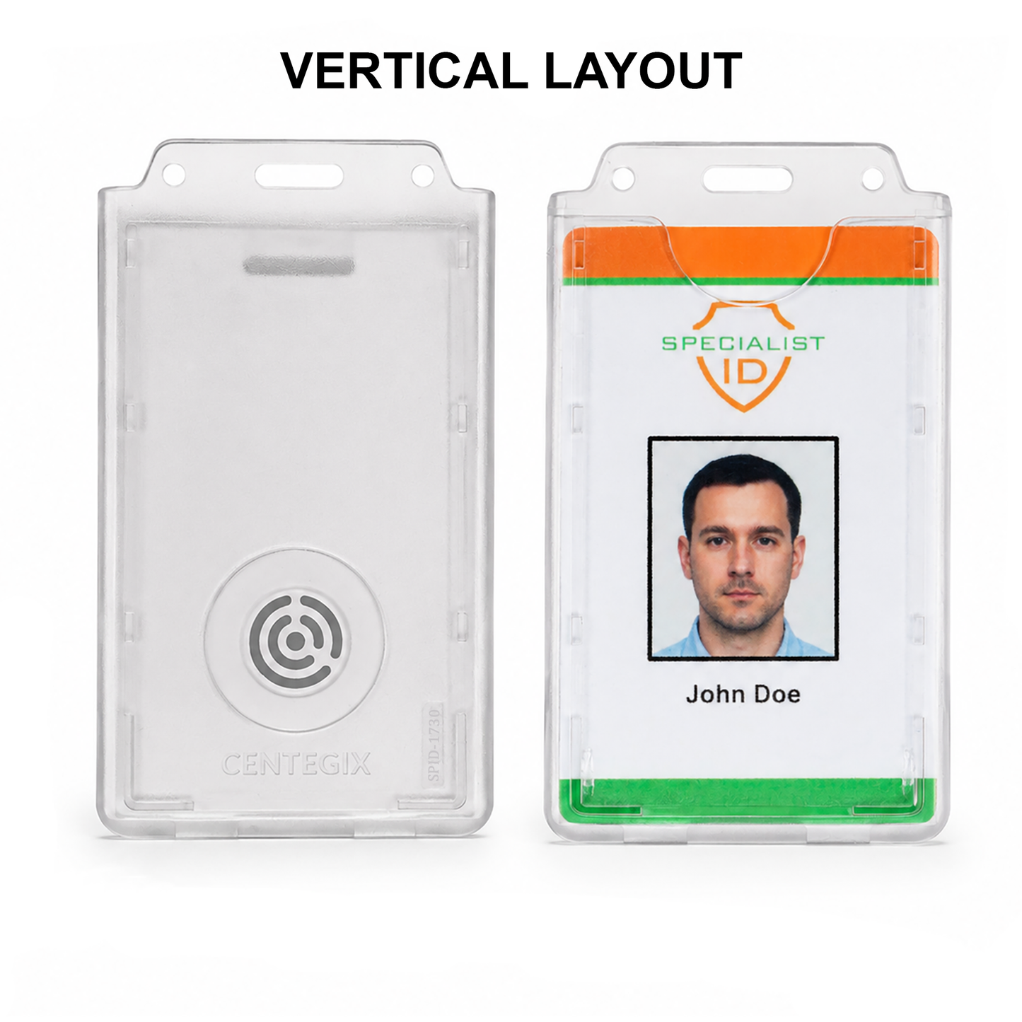 The Dual Badge Holder for Centegix CrisisAlert V2 Wearable Panic Button + CR80 ID Card (SPID-1730 / SPID-1780) displays one empty slot and one with a photo ID, showing its ideal use for carrying both an ID and a wearable panic button.