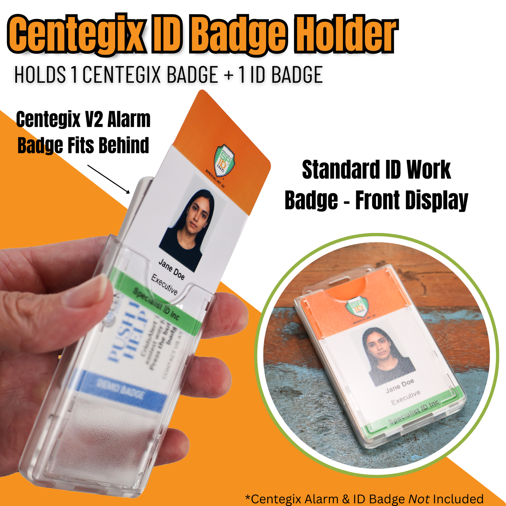 Dual Badge Holder Compatible with Centegix™ V2 Alarm Card and standard ID card, shown displaying a work badge in front and a Centegix CrisisAlert V2 badge behind, both in hand and on a flat surface with highlighted features and branding.