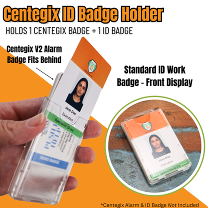 Dual Badge Holder Compatible with Centegix™ V2 Alarm Card and standard ID card, shown displaying a work badge in front and a Centegix CrisisAlert V2 badge behind, both in hand and on a flat surface with highlighted features and branding.