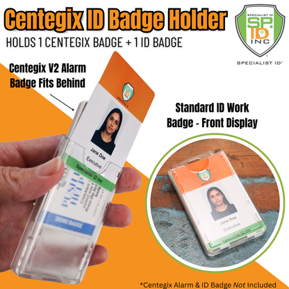 Dual Badge Holder Compatible with Centegix™ V2 Alarm Card and standard ID card, shown displaying a work badge in front and a Centegix CrisisAlert V2 badge behind, both in hand and on a flat surface with highlighted features and branding.