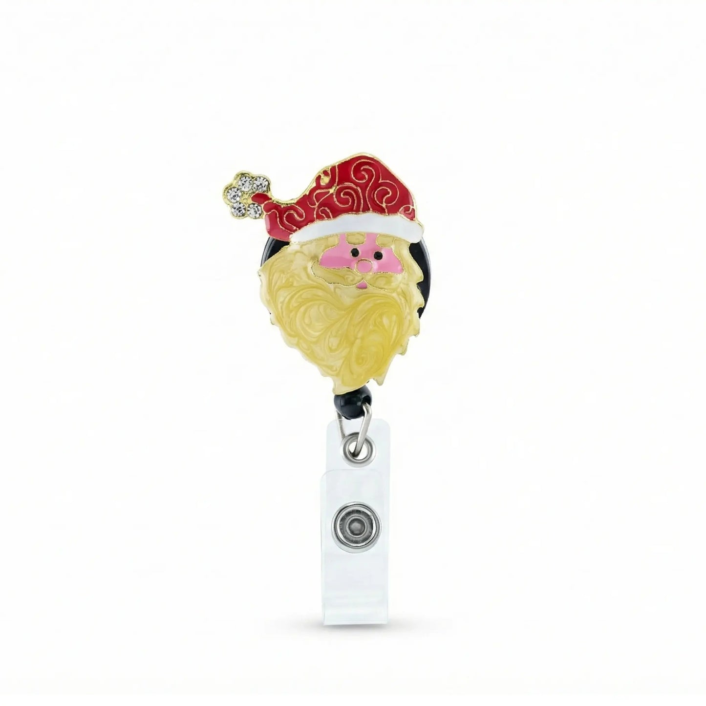The Holiday Santa Claus Badge Reel is a cute festive ID holder with a cheerful face, red hat with gold details, and white beard, attached to a retractable clip—perfect for nurses, staff, and professionals this Christmas season.
