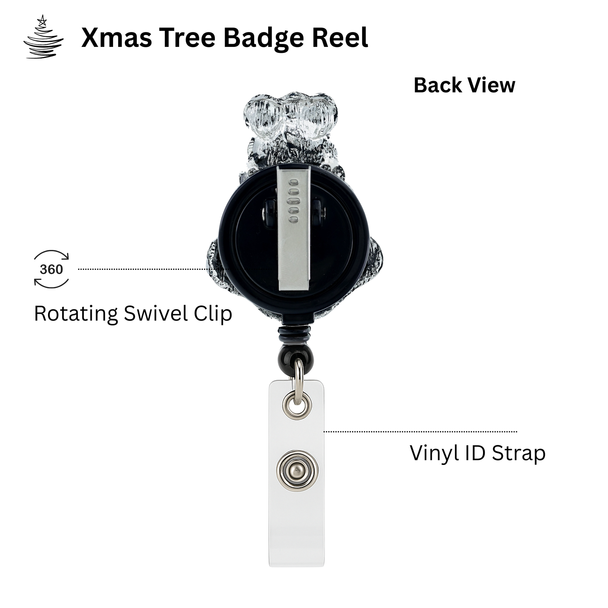 Back view of Xmas Tree Badge Reel with rotating swivel clip and vinyl ID strap on a white background