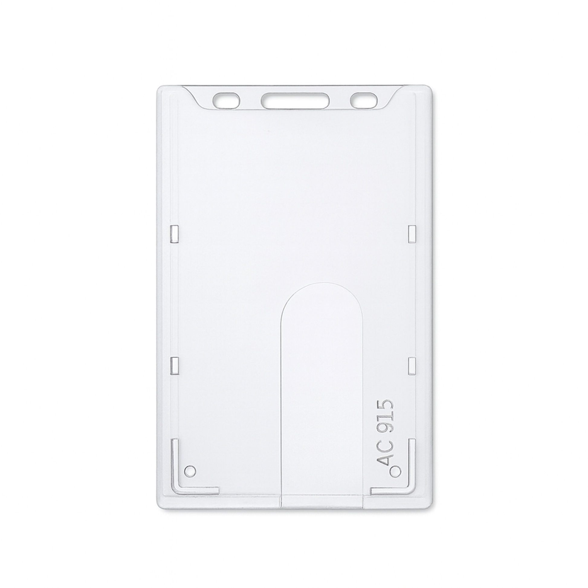 A Top Load Rigid Clear Vertical Badge Holder (AC-915)  for securing an ID card or badge with slot and chain holes. Protects your smart card credential from wear and tear.