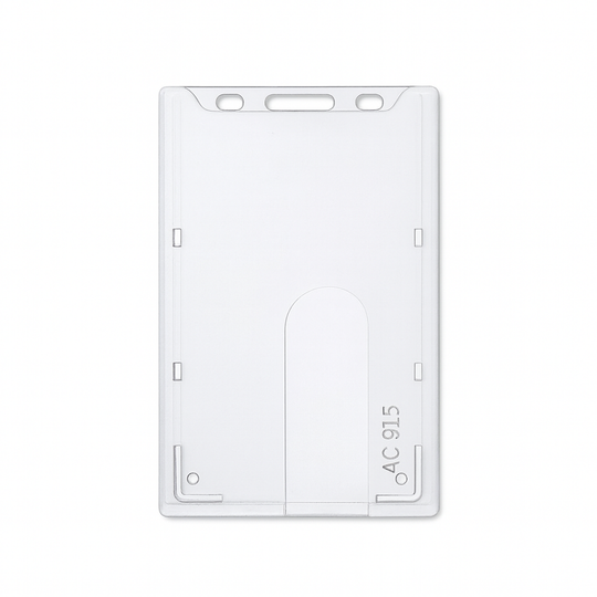 A Top Load Rigid Clear Vertical Badge Holder (AC-915)  for securing an ID card or badge with slot and chain holes. Protects your smart card credential from wear and tear.