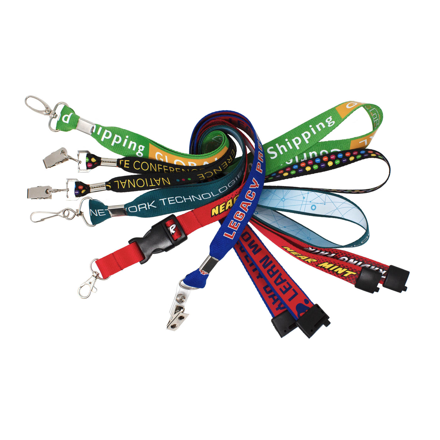 A fan of custom printed lanyards in different colours and widths, each with a different clip or hook attachment