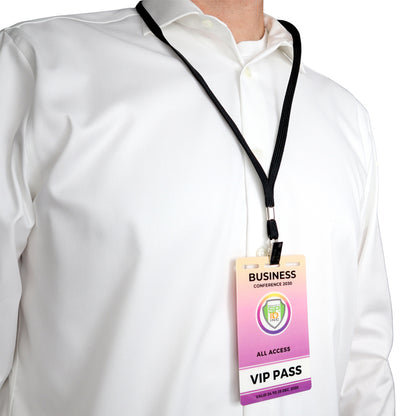 A person wears a white dress shirt and black lanyard with a Custom Printed Event Badge with Three Slot Holes—designed as a "Business Conference 2025 VIP Pass" labeled "All Access. Sold by Specialist ID.