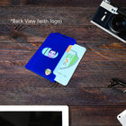 Blue customizable Custom 2-Sided Rigid Vertical Multi-Card Holder (1840-308X) - Add Your Logo with a visible photo ID card partially slid out, placed on a wooden table next to an analog camera and a pair of glasses. Text labeled “Back View (with logo)” is on the image, highlighting its professional look.