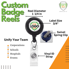 Explore our Custom Badge Reels with Swivel Spring Clip, specifically designed for promotional giveaways and enhancing brand visibility. With a 1 1/4" reel diameter, 3/4" label size, swivel spring clip, and vinyl ID strap, these badge holders are ideal for businesses, educational institutions, healthcare facilities, and events.