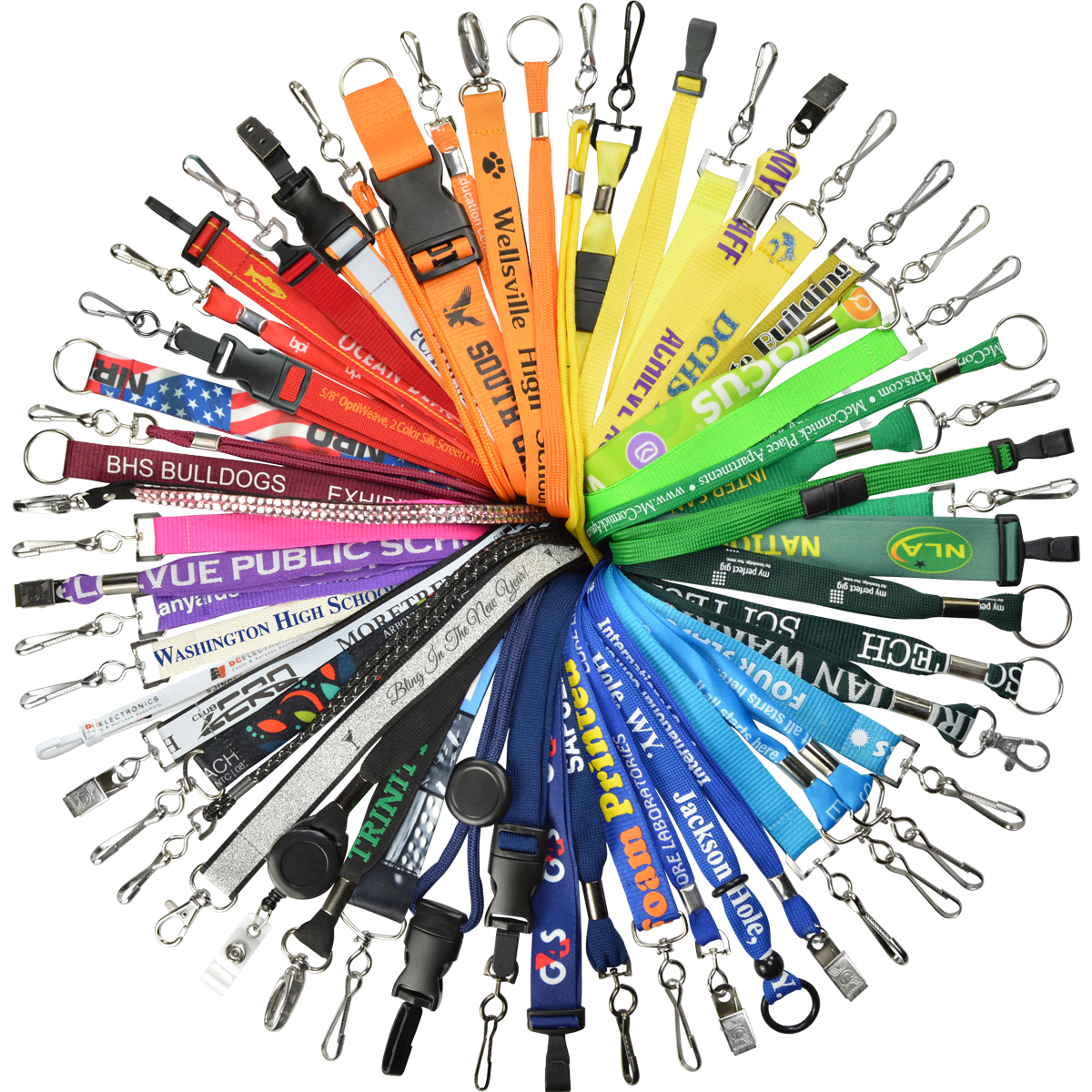 A circular display of vibrant Custom Printed Lanyards with metal clips, each featuring unique school names and logos.