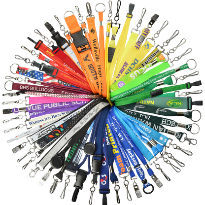 A circular display of vibrant Custom Printed Lanyards with metal clips, each featuring unique school names and logos.