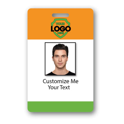 Custom Printed Photo ID Badge with placeholder photo and text. Includes a section for a logo at the top, a portrait in the center, and customizable text beneath the photo. Ideal for businesses utilizing professional ID card printing from our centralized database and production facility.