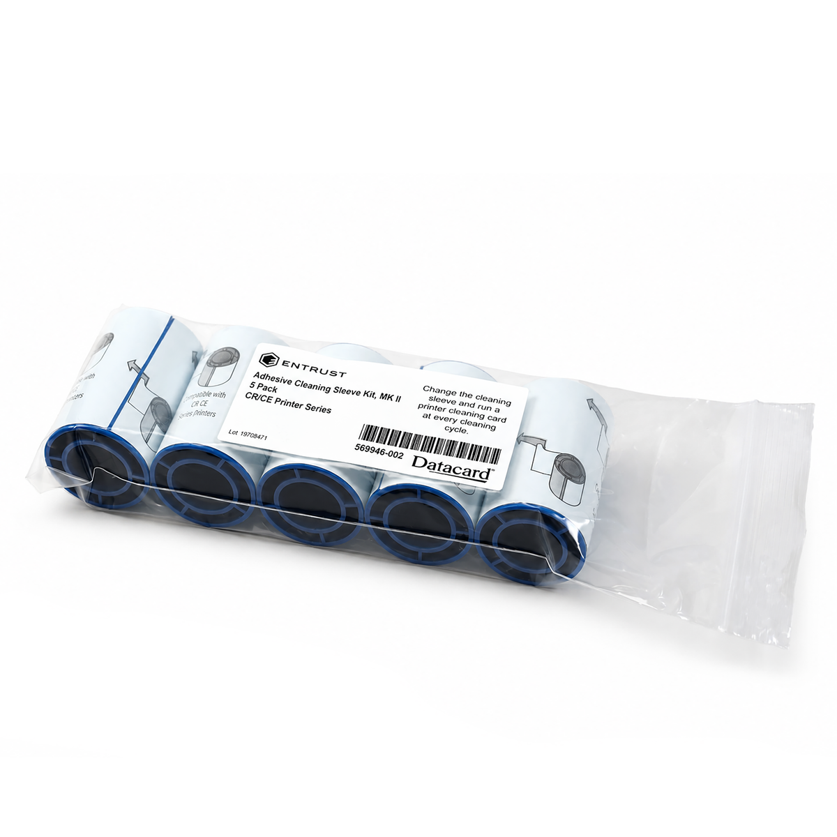 A package of 569946-002 Entrust (Datacard) Adhesive Cleaning Sleeves (5-Pack) designed for the CR805 ID card printer series, providing effective printhead protection.