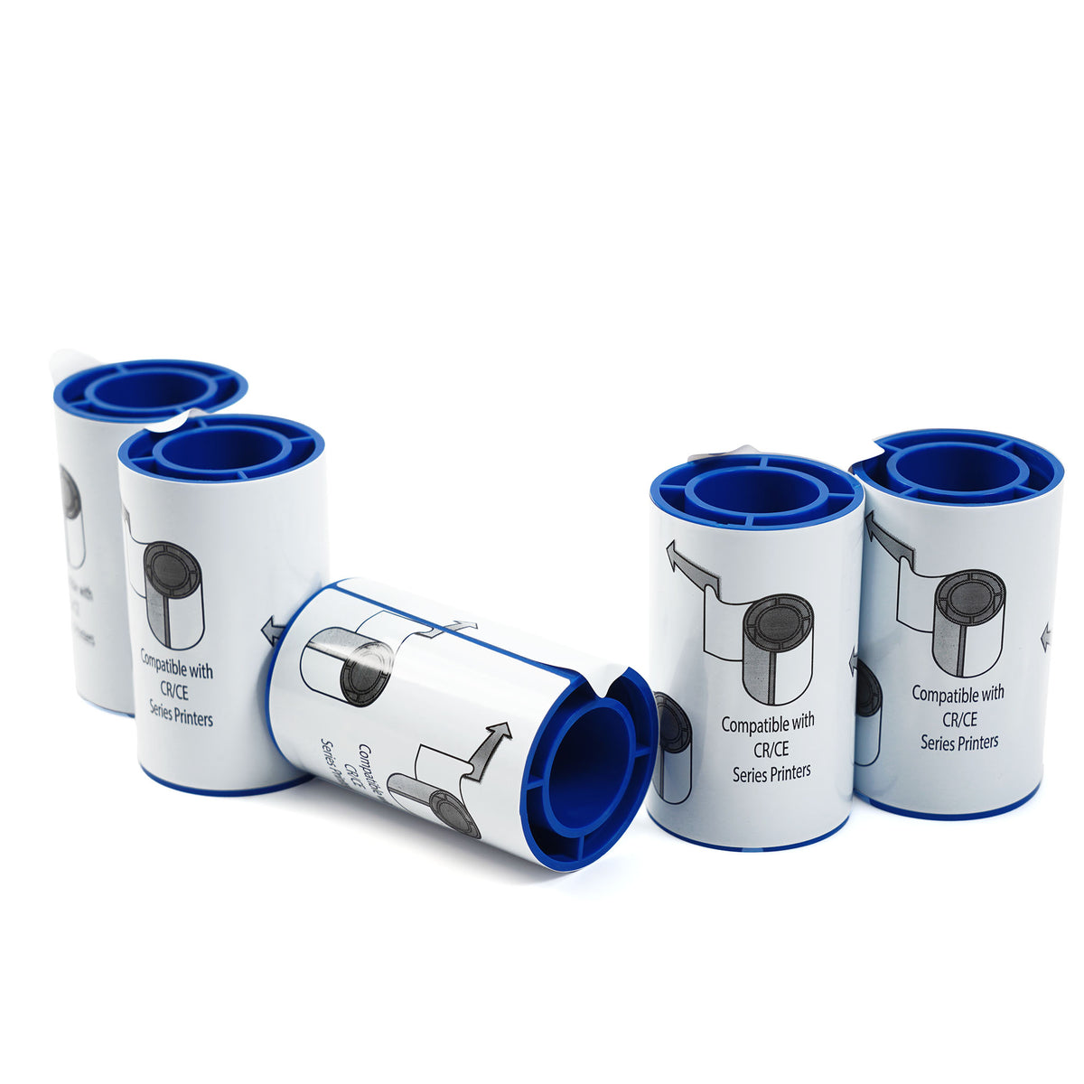 Five Entrust (Datacard) 569946-002 adhesive cleaning sleeves are displayed on a white surface; one sleeve lies horizontally while the others stand upright, making them ideal for use with an ID card printer to ensure printhead protection.