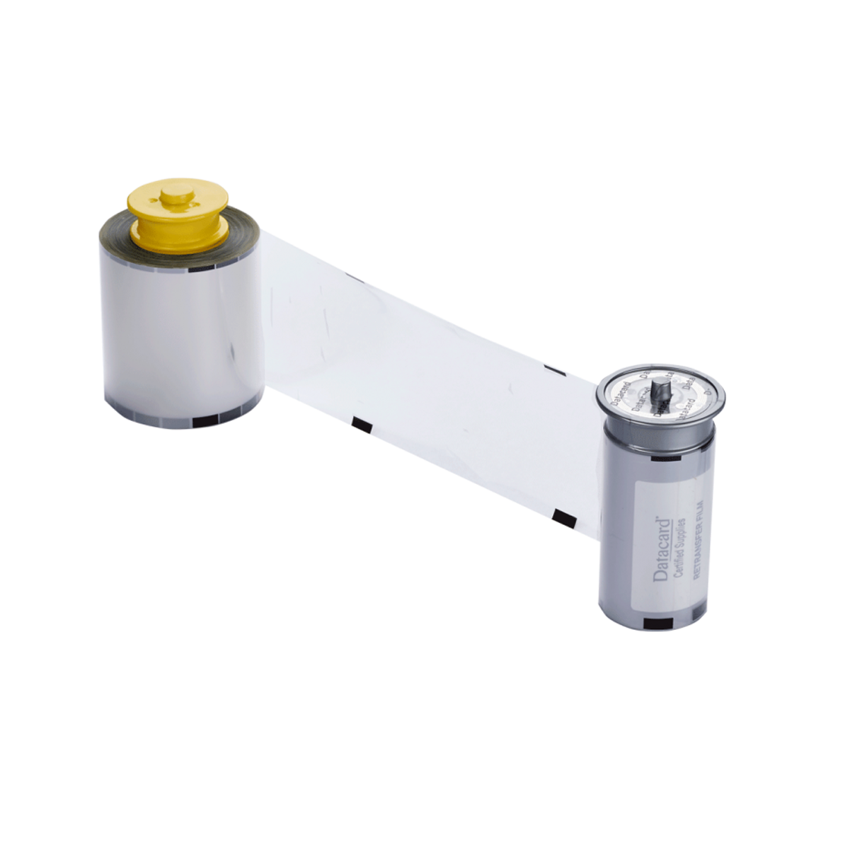 A roll of Entrust 513402-001 (Datacard) CR805 Retransfer Film with markings is partially unrolled between two cylindrical reels, one with a yellow cap and the other with a metal cap, designed for high-resolution images produced by the Entrust CR805.