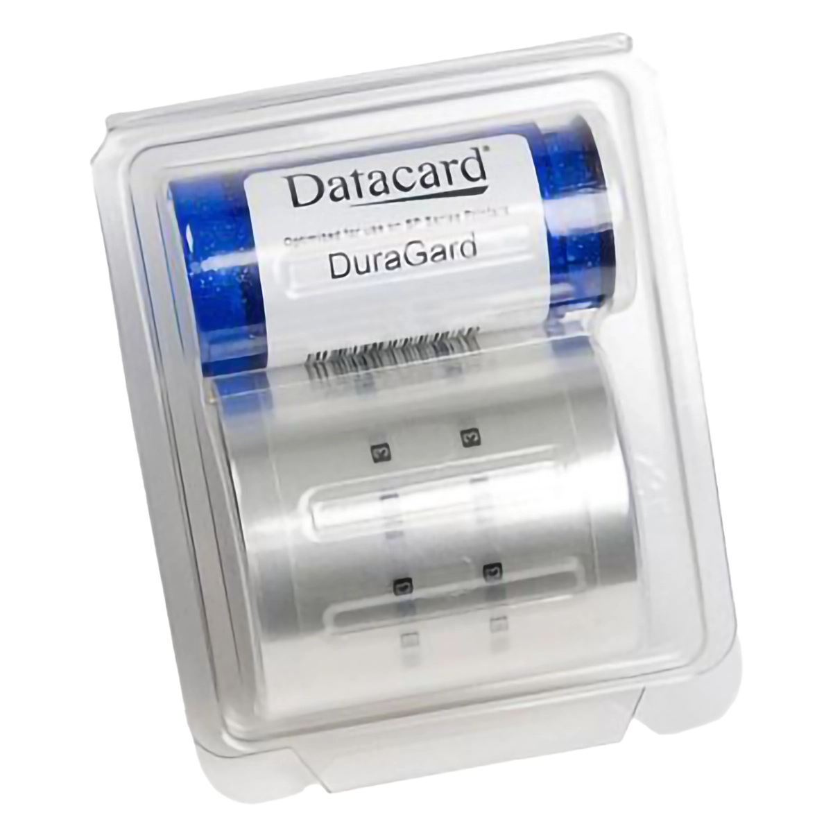 Description: Package of Datacard 503852-501 Clear 1.0 mil DuraGard Overlaminate Ribbon & Cleaning Kit with a roll of overlay film and a small blue cartridge, ideal for high-quality ID card overlaminate applications.