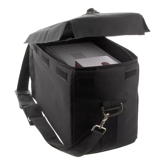 The Dedicated Travel Bag for Zenius, Primacy, and Elypso Printers is a sleek black carrying case with an ergonomic strap that comfortably opens to house a compact Evolis ID card printer—ideal for busy professionals.