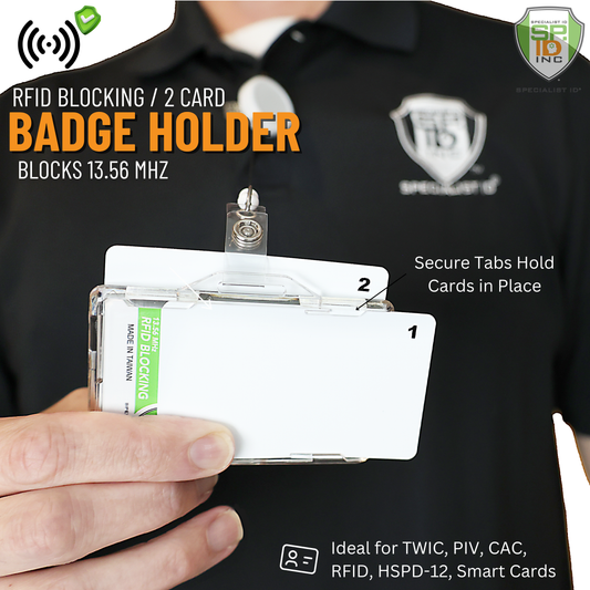 A person holds the Specialist ID Dual Sided RFID Blocking Badge Holder (SPID-1760), a heavy-duty protector for CAC, TWIC, PIV, HSPD-12, and secure IDs, featuring 13.56 MHz RFID-blocking and two visible white cards inside.