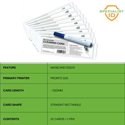 Magicard E9100 Pronto100 Cleaning Kit includes 10 cleaning cards (~250mm) and 1 printer cleaning pen, compatible with Magicard E9100 and Pronto 100 printers.