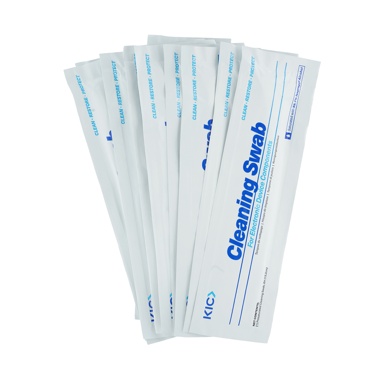 A set of six individually packaged cleaning swabs in white wrappers labeled “Cleaning Swab” with blue text are included in the Magicard E9887 Cleaning Kit for the Magicard Prima 8 ID Card Printer—ideal for maintaining your printer’s printhead as part of your regular cleaning routine.