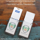 Two sets of **Custom Three Card Vertical ID Badge Holder B-Holder (1840-666X) - Add Your Brand Logo** are shown, each capable of holding either three standard vertical ID cards or one thick card and one standard card. Text indicating compatibility and card size is displayed on the image, along with ample space for a branding logo.