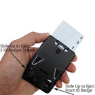A hand holding a Custom Three Card Vertical ID Badge Holder B-Holder (1840-666X) - Add Your Brand Logo with instructions to slide up to eject two vertical ID cards in the back and slide up to eject the front ID badge. Three numbered cards are partially ejected, perfect for adding your branding logo.