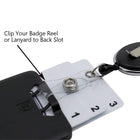 A close-up of a Custom Three Card Vertical ID Badge Holder B-Holder (1840-666X) - Add Your Brand Logo with three vertical ID cards labeled 1, 2, and 3 inserted. A badge reel with a clip is attached to the back slot. Text reads, "Clip Your Badge Reel or Lanyard to Back Slot.