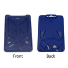 Custom Three Card Vertical ID Badge Holder B-Holder (1840-666X) - Add Your Brand Logo designed for vertical ID cards, displaying front and back. The front boasts a clear cover with grid-like support, while the back features two round notches and a slot for easy attachment. Perfect for a customizable ID badge holder with optional branding logo space. Labels "Front" and "Back".