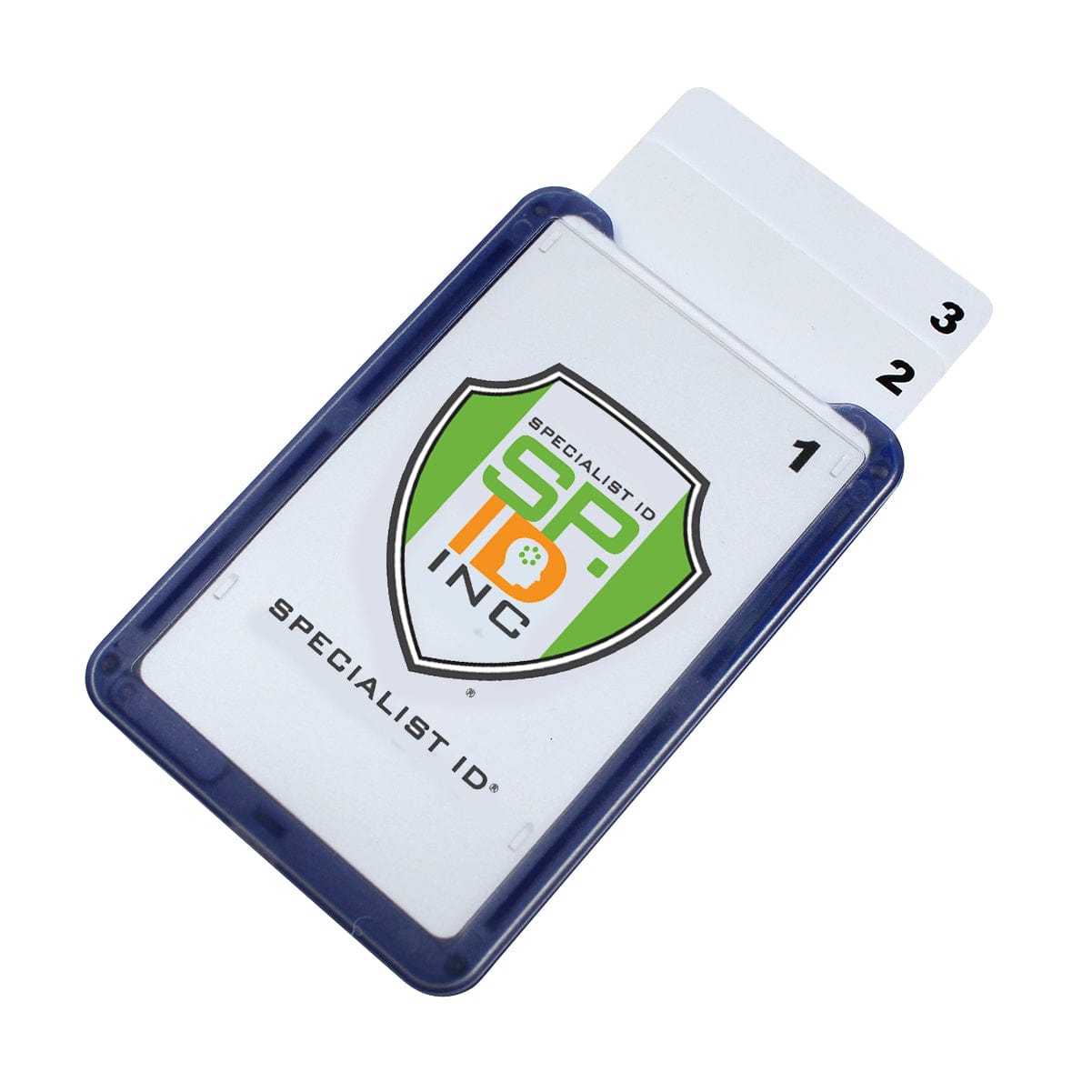 Clear plastic cardholder displaying a card with a branding logo and "SP ID INC" text. Two tabbed vertical ID cards labeled "1" and "2" are inserted in the Custom Three Card Vertical ID Badge Holder B-Holder (1840-666X) - Add Your Brand Logo.