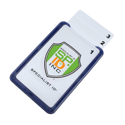 Clear plastic cardholder displaying a card with a branding logo and "SP ID INC" text. Two tabbed vertical ID cards labeled "1" and "2" are inserted in the Custom Three Card Vertical ID Badge Holder B-Holder (1840-666X) - Add Your Brand Logo.