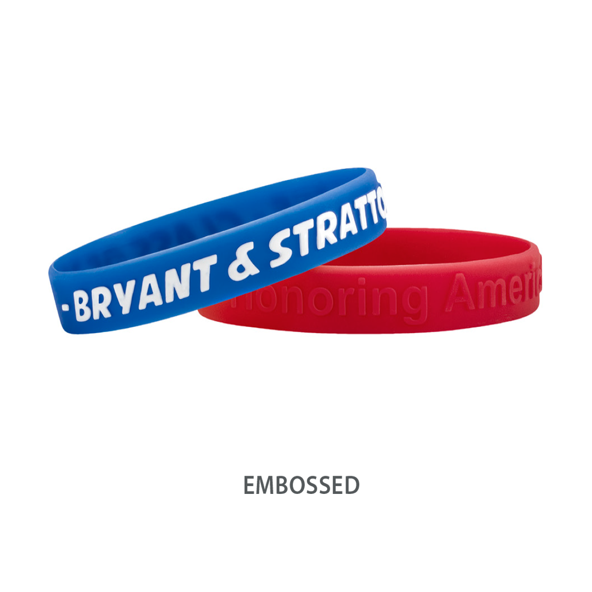 Two Customizable Adult 1/2" Silicone Wristbands, one blue with white text "BRYANT & STRATTON" and one red with partially visible text. Text below the wristbands reads "EMBOSSED." These Customizable Adult 1/2" Silicone Wristbands are perfect for promoting a cause.