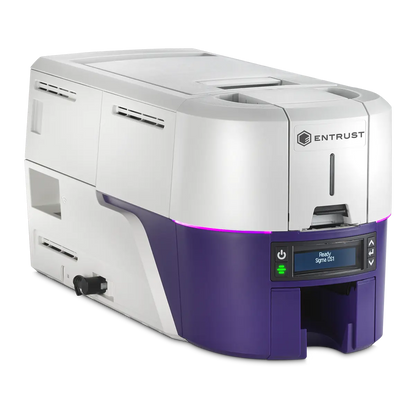A white and purple Entrust Sigma DS1 Single Sided Direct-to-card ID Printer with a small display screen on the front shows the status and control buttons, ideal for secure ID card issuance and direct-to-card printing.